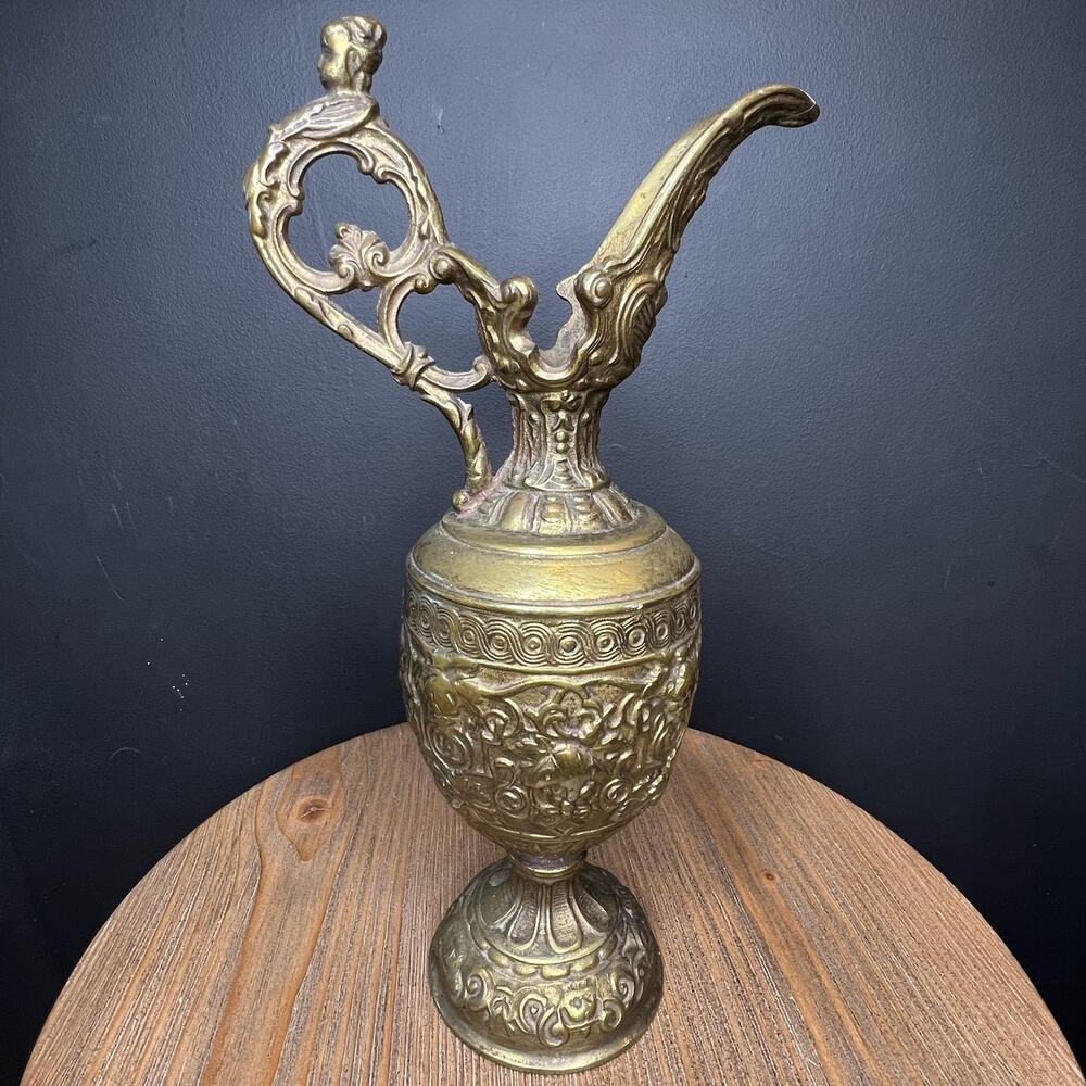 Antique French Cast Iron Pitcher Statue Jug Grape Vines Bacchus Amphora URN